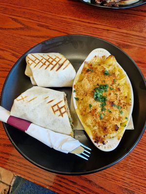 Chicken burrito and mac and cheese (all vegan) at Root and Press in Worcester