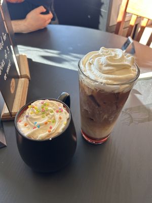 Ube cookie butter steamer and salted blueberry maple shaken espresso at Root and Press in Worcester
