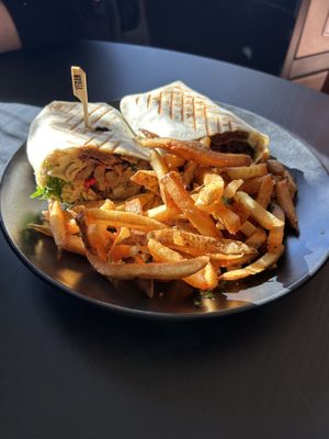 Teriyaki steak burrito with fries at Root and Press in Worcester