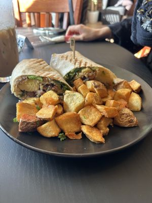 Breakfast burrito with home fries at Root and Press in Worcester