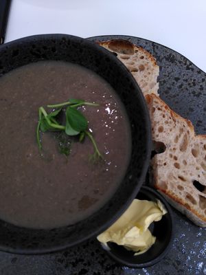 Homemade mushroom and dill soup at 269 Vegan in Dunfermline