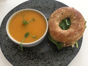 Summer bagel with small soup (carrot, sweet potato & ginger)  at 269 Vegan in Dunfermline
