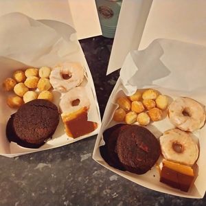 Dough balls, glazed doughnuts, millionaire shortbread and chocolate cookies at Wee Vegan Bakery in Dunfermline