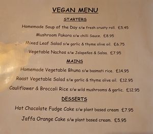 Vegan menu (September 2025). Soup of the day was curried root veg at The Tyndrum Inn in Crianlarich