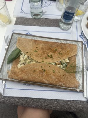 Buckwheat Crepe with Mushrooms, Spinach, Basil, Dill & Soy Cream - DELICIOUS   at Advans in Tenerife