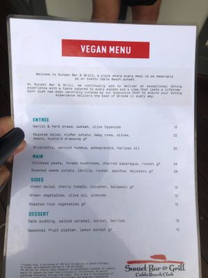 Vegan menu at bar and restaurant  at Sunset Bar & Grill in Broome