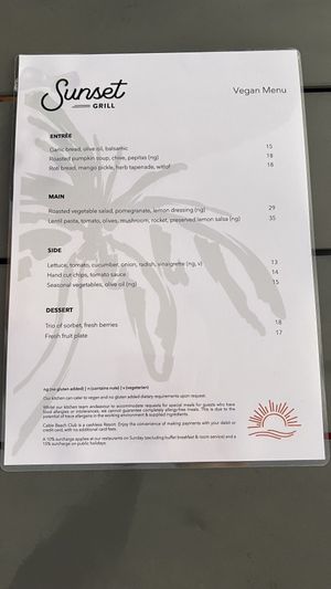 Copy of the vegan menu 24 June 2025  at Sunset Bar & Grill in Broome