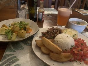 Opção de prato do dia de uma quarta-feira: arroz, feijão, seitan refogado com cebola, vinagrete de tomate e legumes  at A Coruja in Sao Paulo