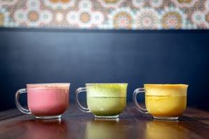 Superfood Lattes made with almond milk, with amazing ingredients like turmeric, ginger, matcha, ashwaganda, and more! at Allan's Mediterranean Bar and Grill in Middletown