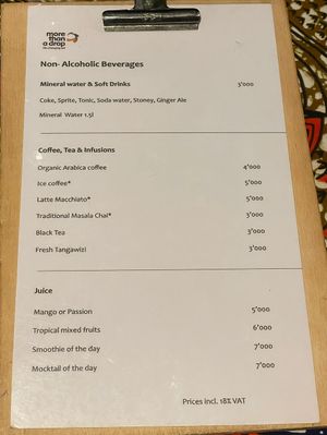 Drink menu (flip side is alcoholic drinks)  at More Than A Drop in Moshi