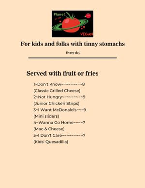 Kids menu at Planet Vegan in Houston