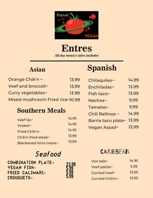 Menu at Planet Vegan in Houston