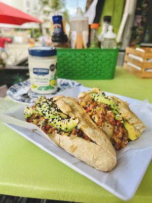 Vegan baguette, bonus points for serving it with vegan mayo!  at Les Amis in Playa Del Carmen