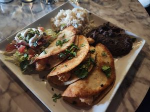 Fried shrimp quessadillas with rice and beans at Casa Del Vegano in Dallas