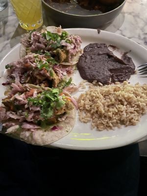 Fried oyster mushrooms with rice and beans  at Casa Del Vegano in Dallas