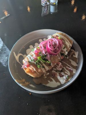Chickn and rice chimi at Casa Del Vegano in Dallas