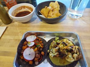 Yam taco with radish Pico,  cauliflower taco with Chile oil. at Tacoparty in Grand Junction