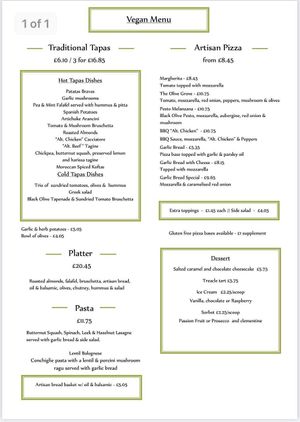 Vegan menu at Olive Grove Bistro in Worksop