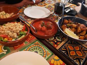 Vegan meatballs, coronation chickpeas and Spanish potato at Olive Grove Bistro in Worksop
