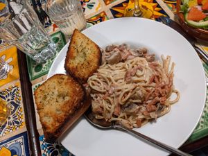 Vegan carbonara at Olive Grove Bistro in Worksop