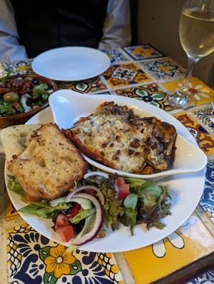 Butternut squash lasagne with garlic bread at Olive Grove Bistro in Worksop