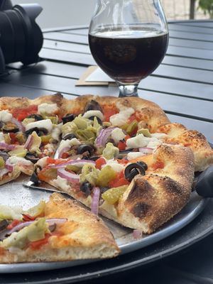 Veggie pizza with vegan cheese  at Mancos Brewing Company in Mancos
