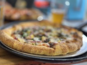 Veggie lover pizza with vegan cheesee  at Mancos Brewing Company in Mancos