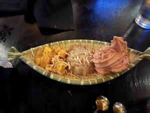 Mango sticky rice with strawberry pineapple mango dole whip  at Ahan in Madison