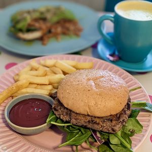 Vegan The Garden Burger, Avocado on Turkish Toast, Turmeric Latte with Soy Milk at The Wayzgoose Diner in Leura