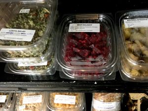 Grab-n-go sides: Lentil Salad, Beet Delight (yum!), Brussel sprouts, Garbanzo Salad at Fresh Start Organic Eatery in Astoria