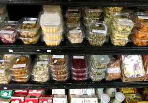 Vegan sides: Rainbow Coleslaw, hummus, Wild Rice Pilaf, Couscous Salad, Golden Veggie Treat (yum!), Sweet & Sour Seitan, Curry Quinoa, and more at Fresh Start Organic Eatery in Astoria