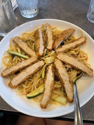 Gardein chick’n patty with vegetables and linguine  at Sea Ranch in South Padre Island