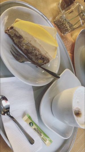 Mango-chocolate cake and soy cappuccino  at Red in Heidelberg