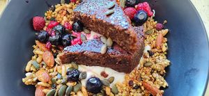 Banana bread with granola, mixed berries and coconut yoghurt  at The Green Room On High Street in Willunga