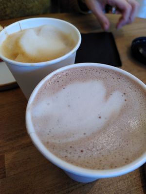 Hot chocolate and decaf oat latte (Jan 2022) at Barleys in Hull