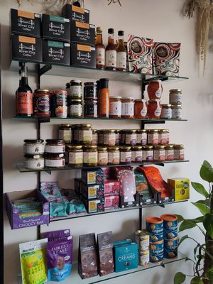 Shop shelf with chocolate, relishes etc at Barleys in Hull