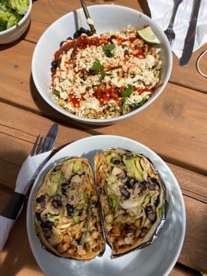 Spicy elote bowl and burrito (Amazing!) at Supernova in Portland