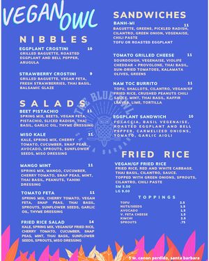 Vegan Owl menu at The Blue Owl in Santa Barbara