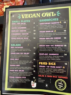 Vegan menu  at The Blue Owl in Santa Barbara