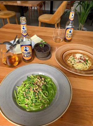 spinach pasta (changed from penne to linguine upon request) at Chutnej in Prague