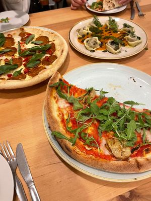 artichoke pizza / picante pizza / chestnut stuffed ravioli at Chutnej in Prague