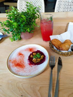 Beetroot tartar and lemonade. Good and well presented but small and a bit pricey at Chutnej in Prague