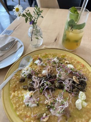 Pumpkin risotto with tempeh, onion, mozzarella and walnuts   at Chutnej in Prague