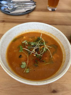 lunch menu soup (sweet potatoes, beans etc)  at Chutnej in Prague