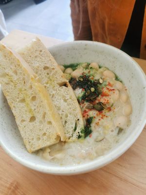 Butter beans with focaccia bread at Chutnej in Prague