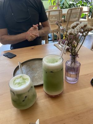 Iced matcha and raspberry matcha.  at Chutnej in Prague