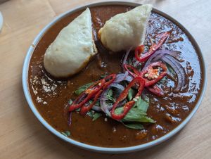 Beer goulash with soy meat at Chutnej in Prague
