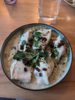 Fresh pasta stuffed with forest mushrooms - 3.5/5. Not a huge fan of the flavor. I compared it to the tortellini of Palo Verde which I liked much more. at Chutnej in Prague