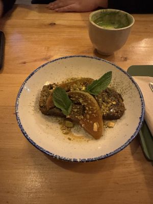 Mango banana bread with cocoa cream and pear  at Chutnej in Prague