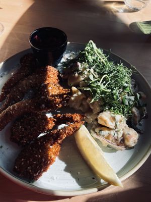 Mushroom strips with potato salad   at Chutnej in Prague